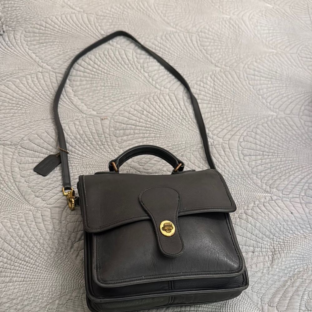 Vintage Coach Black Leather Crossbody Bag with Gold Accents